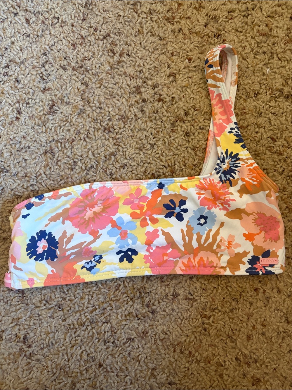Roxy One-Shoulder Floral Bikini Top in White, Pink, Yellow, Navy